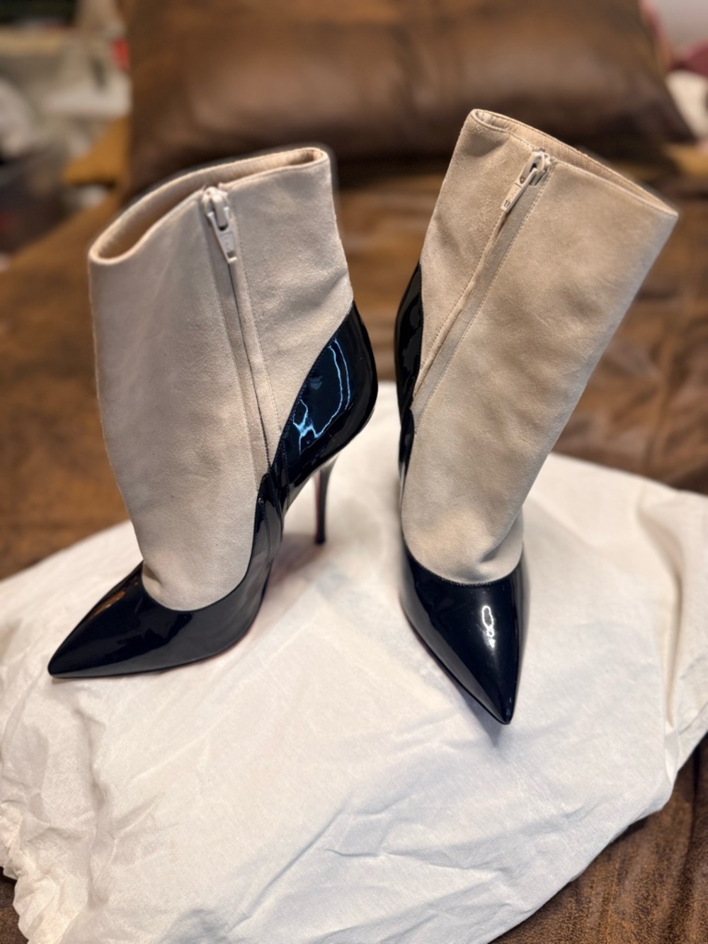 Christian Louboutin Black Patent & Cream Suede Pointed Ankle Boots